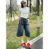 Jeans Cropped Rasgado Estilo Retrô Americano para Mulheres, Novos Shorts de Verão 2026 de Cintura Alta Wide Leg Comprimento no Joelho