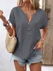 Verão 2025 Novo Estilo Europeu e Americano Site Independente Aliexpress Amazon Blusa Feminina de Botão com Decote em V Manga Curta Camiseta Feminina