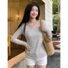 Camiseta Rayada de Cuello en U de Manga Larga Estilo Perezoso Chic para Mujer Otoño Nueva Llegada Top Delgado Capa Base