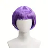 Peluca Morada de Bob Corto Transfronteriza con Cabello Liso, Esponjosa y Fina, con Mechas Plateadas y Flequillo