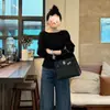 Blusa de Tricô Preta com Mangas Morcego, Estilo Elegante e Suave para Mulheres, Macia e Franzida com Cintura Marcada