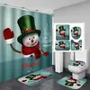 Cortina de Ducha Decorativa de Muñeco de Nieve a Cuadros Rojos Navideños, Poliéster Impermeable y Resistente al Moho, Juego de Cuatro Piezas para Bañera de Baño