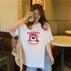 Camiseta Feminina de Verão de Comprimento Médio com Manga Curta, Fenda e Estampa, Camiseta Feminina Tendência Estilo Coreano Plus Size, Top Feminino Soltinho e Estilo Preguiçoso