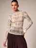 Bestseller transfronteiriço europeu e americano top base retrô com estampa paisley de malha transparente sexy de manga longa slim fit