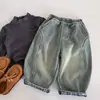 Calça Jeans Infantil Maibao 2026 Estilo Novo de Inverno para Meninos Cor Sólida Solta Com Pelúcia Calça Casual Versátil Longa para Crianças