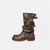 Botas Longas Femininas 2025 Novas Botas Vintage Plissadas Empilhadas com Fivela de Cinto, Salto Grosso, Botas Calça de Meia-Perna, Botas de Montaria de Cano Alto