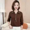 Moda Otoño 2025 Dropshipping Elegante Nuevo Simple Cuello Solapa Color Sólido Pedrería Versátil Adelgazante Manga Larga Top