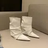 Botas de Tacón Grueso Plateadas de Estilo 'Hot Girl' de Primera Temporada para Mujer, Botas Elegantes de Punta Fina hasta la Media Pantorrilla para Otoño e Invierno, Botines Cortos para Mujeres de Baja Estatura