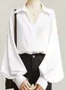 Camisa Chic de Manga de Farol Transfronteriza Europea y Americana para Amazon, Camisa Blanca de Manga Larga con Cuello en V Versátil y Elegante para el Trabajo