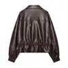 Chaqueta corta de cuero sintético color marrón oscuro, estilo retro europeo y americano, con cuello alto, cremallera y cordón, prenda exterior de corte holgado, UWG150108