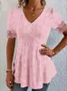 Verão 2026 Nova Moda Feminina Europeia e Americana Transfronteiriça Decote V Jacquard Renda Vazada Cintura Marcada Estiloso Manga Curta Blusa Camiseta