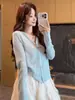 Jaqueta Cardigan de Tricô de Seda de Gelo Amarelo Estilo Dopamina com Decote V, Manga Longa e Recortes para Mulheres, Peça de Roupa Externa Fina de Verão