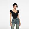 40 Algodón 92 Algodón 8 Spandex Camiseta de Manga Corta con Cuello en V y Costuras de Encaje para Mujer, Ajustada al Cuerpo, Top de Hombro