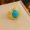 Novo Conjunto Europeu e Americano Francês Retrô Exagerado Estiloso Oval Elegante Turquesa Colar Brincos Anel