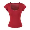 Camiseta de Manga Corta con Encaje y Cuello en U de Tencel para Mujer, Estilo Coreano, Corte Ajustado, Adelgazante, Ceñida a la Cintura, Camiseta Básica