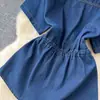 Traje de Mezclilla Estilo Chica Caliente Vintage para Mujer Verano Camisa con Cordón y Cuello Polo Top Pantalones de Cintura Elástica Pierna Ancha Adelgazantes