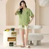 Pijama de Manga Corta para Mujer con Shorts Dibujos Animados Lindo Algodón Puro Verano Casual Cómodo Conjunto de Dos Piezas para Casa Ropa de Exterior