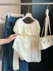 Camisa feminina de renda estilo francês com babados emendados, ombro a ombro, manga longa, novo modelo de outono com mangas bufantes, top babydoll jovem e versátil