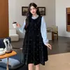 Nuevo conjunto de maternidad talla grande estilo coreano 2026: blusa holgada + vestido de lunares de maternidad