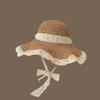 Chapéu de palha estilo coreano com cadarço chapéu de palha vazado feminino verão viagem proteção solar chapéu de sol de praia chapéu de sol com borda de renda