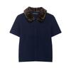 Comercio Exterior Transfronterizo de Amazon Ropa de Mujer Otoño 2025 Nuevo Diseño de Nicho Estampado de Leopardo Cuello de Piel Costura Negro Top de Manga Corta