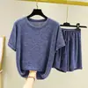 Traje de punto para mujer de verano, cuello redondo, manga corta, hilo floral, pijama suelto, fino, talla grande, shorts, traje casual de dos piezas
