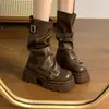 Botas Martin com Solado Grosso Maillard para Aumentar a Altura para Mulheres 2025 Novas Botas Slouch Retro para Primavera e Outono Botas de Cano Médio Calça Botas Sapatos Femininos