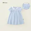 2026 Nuevo Estilo de Verano Vestido de Manga Corta Bordado con Cuello Peter Pan para Niñas Rayas Azul Claro Bebé Dulce y Lindo Vestido de Verano