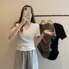 Camiseta Jiepeng Patchwork Manga Curta Gola V para Mulheres, Verão 2026 Slim-Fit Elegante Top para o Dia a Dia com Ombros Normais