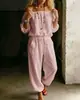 2026 Novo Conjunto de Duas Peças Europeu e Americano Transfronteiriço Amazon: Blusa Off-Shoulder Feminina Casual Calça Jogger com Cordão para Mulheres