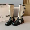 Botas de cavaleiro costuradas novo estilo salto grosso ao ar livre retrô cinto de couro botas altas botas de moda fivela outono e inverno botas longas femininas viagem