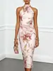 Vestido Cruzado Europeu e Americano 2026 Moda Feminina Sexy Justo Estampa Floral Decote Halter para Mulheres