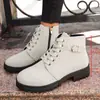 Nuevas botas cortas de tacón grueso para otoño e invierno, botas de mujer con cordones y punta redonda, botas cortas de tacón alto grueso de material gamuza