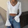 Cardigan de Punto Corto Acanalado con Cuello en V para Mujer, Estilo Otoño Europeo y Americano, Sitio Independiente de Tiktok, con Mangas de Campana y Mangas Largas Caladas