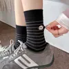 Meias Listradas de Desenho Animado Bordadas Estilo Coreano Outono/Inverno Meia-Calça para Mulheres Meias Fofas Japonesas com Babados Color Block Retrô Algodão Puro Meias Longas