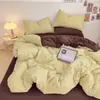 Lençol de Baixo com Elástico de Algodão Lavado Listrado Sólido Bicolor Estilo Ins Novo Conjunto de Roupa de Cama de Quatro Peças, Adequado para Todas as Estações