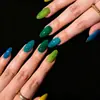Unhas postiças amêndoa multicoloridas estilo floresta em cores sólidas contrastantes de amarelo, verde e azul, adesivos de nail art transfronteiriços