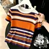 2026 Verano Bloques de Color Rayas Contrastantes Tejido de Seda Helada Camiseta de Manga Corta Top Delgado para Mujer