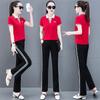 Conjunto esportivo casual feminino verão gola lapela manga curta camiseta 2022 novo coreano slim calça de perna larga conjunto de duas peças