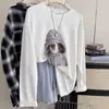 Camiseta redonda de manga comprida com estampa de cachorrinho estilo retrô americano para mulheres, blusa básica da moda para primavera e outono, modelagem solta para cobrir a barriga