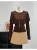 Conjunto de cárdigan largo de punto de dos piezas estilo francés de alta gama para mujer, colección de otoño, corte ajustado, favorecedor de la figura, top elegante y con estilo