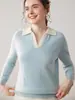 Otoño e Invierno Nuevo Color Bloqueado Cuello Polo Estilo Perezoso Suéter de Cachemira Suéter para Mujer Camisa Base Tejida Efecto Adelgazante Suéter