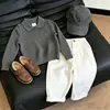 Ropa infantil estilo coreano 2026 colección otoño: conjunto de dos piezas para niños, polo de punto bordado gris, pantalones casuales rectos de manga larga