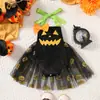 Mameluco de Halloween para Bebé Estilo Europeo y Americano Calabaza Cara de Fantasma Bordado Cuello Halter con Lazos Falda de Malla Dorada de Calabaza