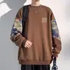 Moletom de gola redonda com retalhos de urso retrô americano para primavera e outono para homens, marca da moda bordada, folgado, com blocos de cor, pulôver para casal