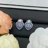 Aretes Doble C Estilo Chanel para Mujer, Aretes de Botón con Forma de Corazón Tachonados con Diamantes Rosas, Accesorios para Orejas Chanel con Forma de Corazón, Aretes de Aguja Plateada