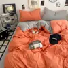 Nuevo Estilo Ins Color Sólido Dos Tonos Algodón Lavado Juego de Cuatro Piezas Sábana Suave y Sencilla Funda Nórdica Cama de Dormitorio Estudiantil Juego de Tres Piezas 4