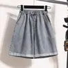 Toma real de shorts de mezclilla de tiro alto, holgados, adelgazantes, para tallas grandes, pantalones de pierna ancha, jeans lavados con dobladillo enrollado