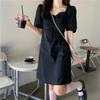 2022 novo verão francês retro elegante saia cintura emagrecimento colarinho quadrado preto puff manga vestido mulheres