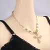 Joyería Transfronteriza Europea y Americana Moda Perla Diamante Colgante de Cruz Lujo Ligero Todo Combinable Collar para Mujer Fotografía Callejera